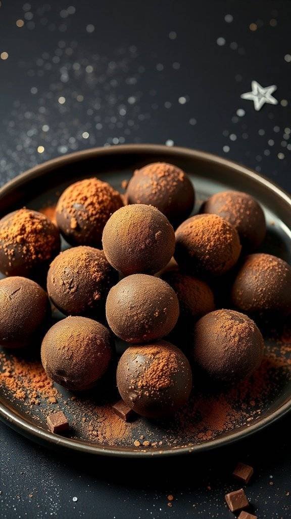 A plate of dark chocolate truffles dusted with cocoa powder, perfect for a galactic gala.