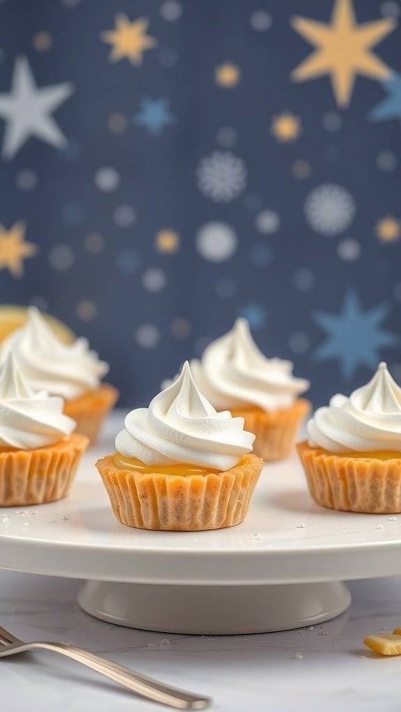 Mini lemon meringue desserts on a white cake stand with a starry background.