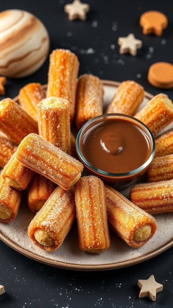 A plate of celestial churro bites with chocolate sauce and star-shaped decorations