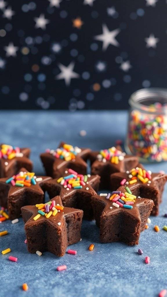 Star-shaped brownie bites topped with colorful sprinkles on a blue background.
