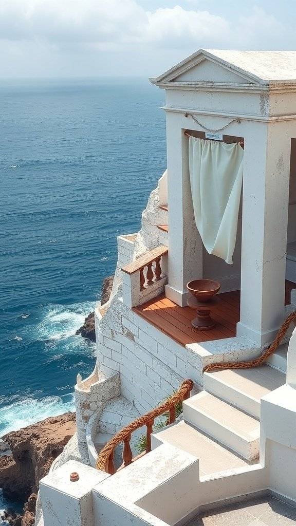 A serene coastal structure with whitewashed walls and a view of the ocean.