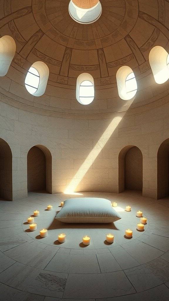 A serene meditation chamber with candles and a central cushion, featuring smooth stone walls and a circular skylight.