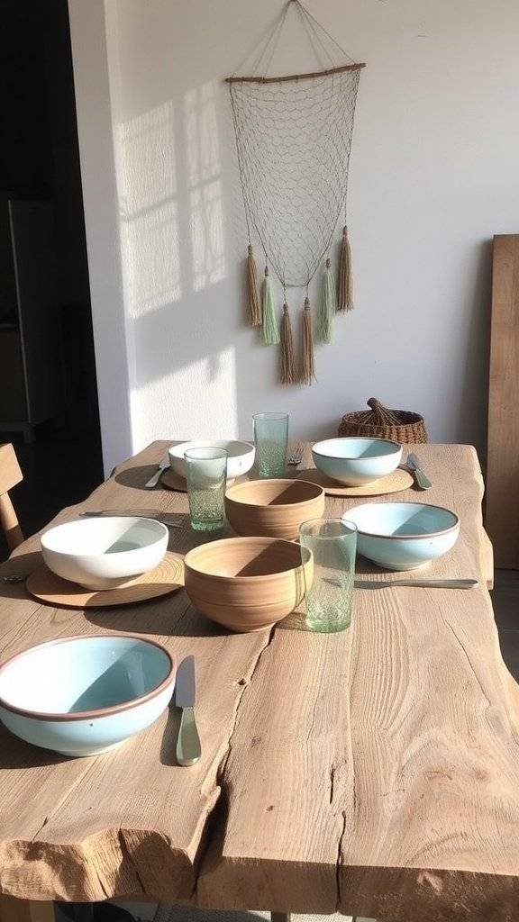 A rustic wooden table set with bowls and glasses, featuring a fishing net hanging above.