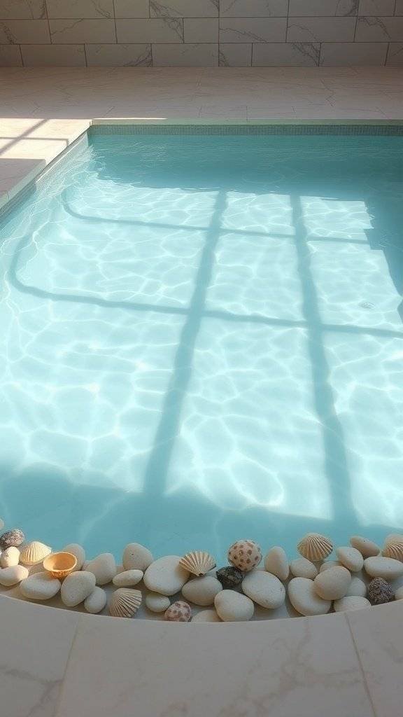 A serene pool with clear blue water, surrounded by smooth stones and seashells, reflecting soft light.