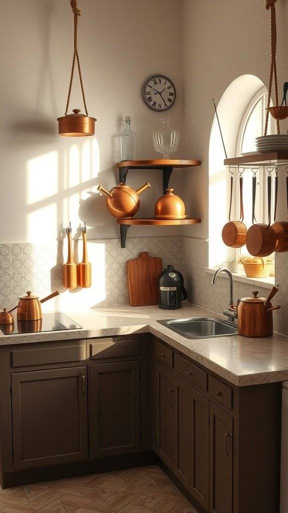 A cozy kitchen featuring copper pots, wooden shelves, and natural light