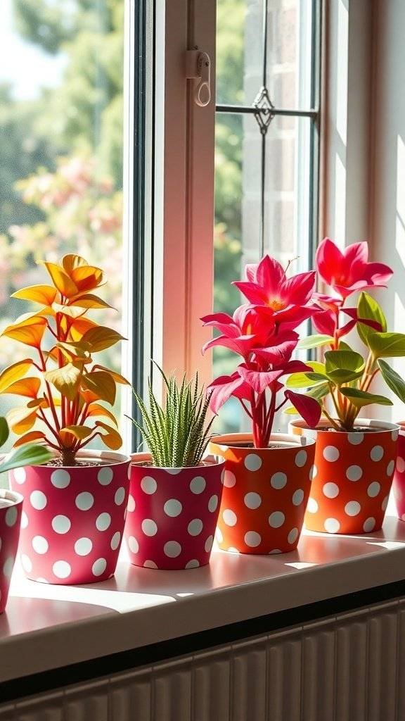 Colorful polka dot planters with plants on a window sill