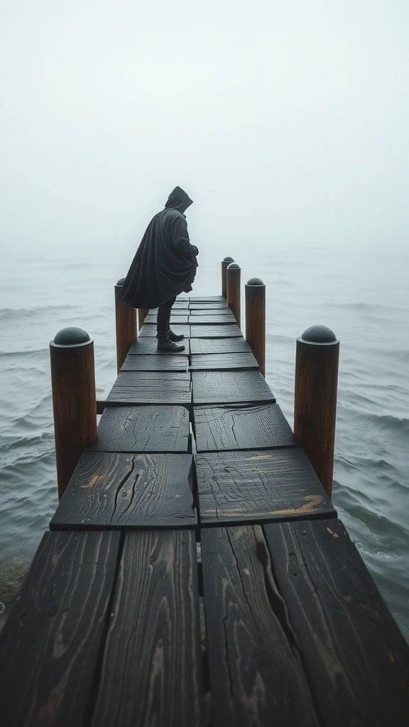 A cloaked figure stands on a misty dock over calm water, blending a fisherman aesthetic with a serene atmosphere.