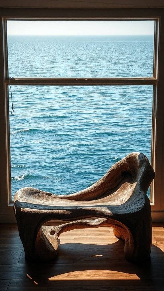 A driftwood meditation seat by a window overlooking the ocean.