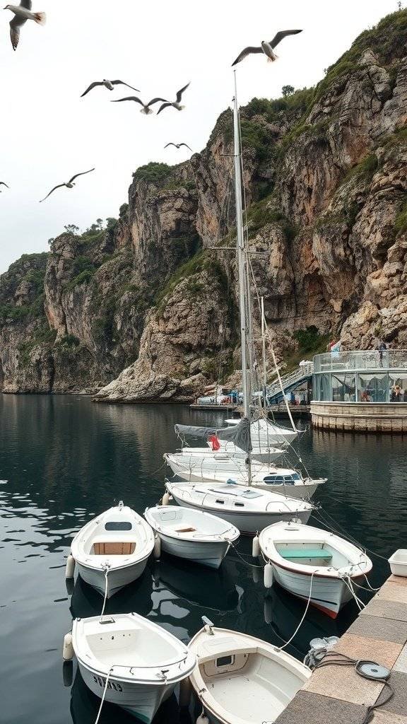 A peaceful harbor with boats and rocky cliffs, embodying a minimalist aesthetic.
