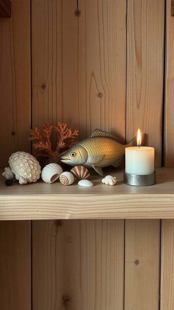 A wooden shelf displaying a fish figurine, seashells, coral, and a lit candle.