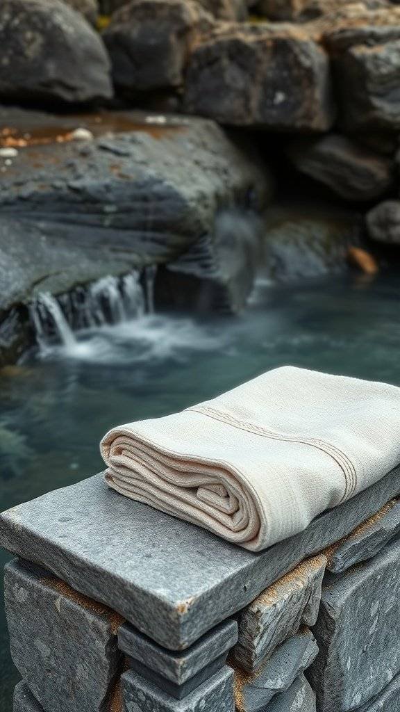 A neatly folded towel on a stone ledge near flowing water, creating a serene bathhouse atmosphere.