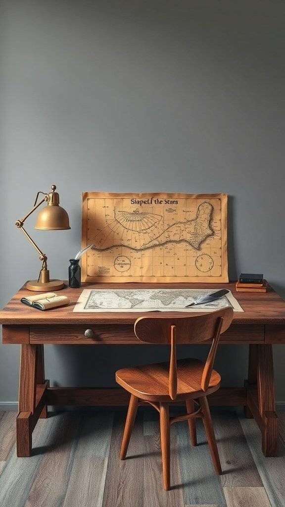 A wooden desk with a vintage map and a lamp, reflecting a nautical minimalist aesthetic.