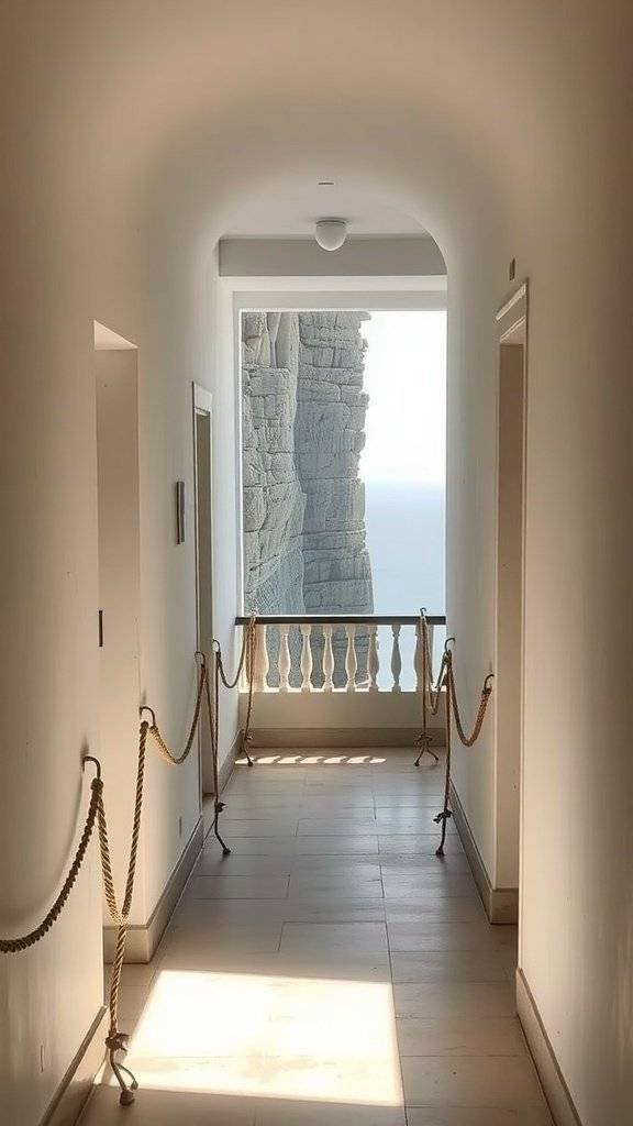 A corridor with a view of a rocky outcrop and the sea, featuring a rope railing.