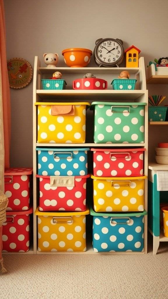 Colorful polka dot storage bins on a shelf with a playful and sophisticated design.