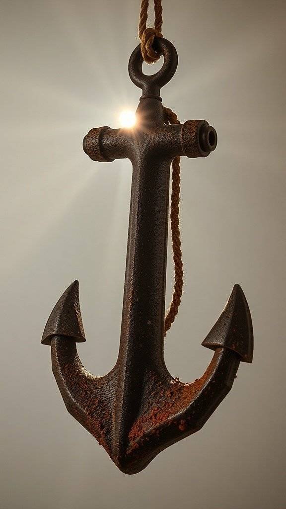 A weathered anchor hanging with a soft glow behind it.