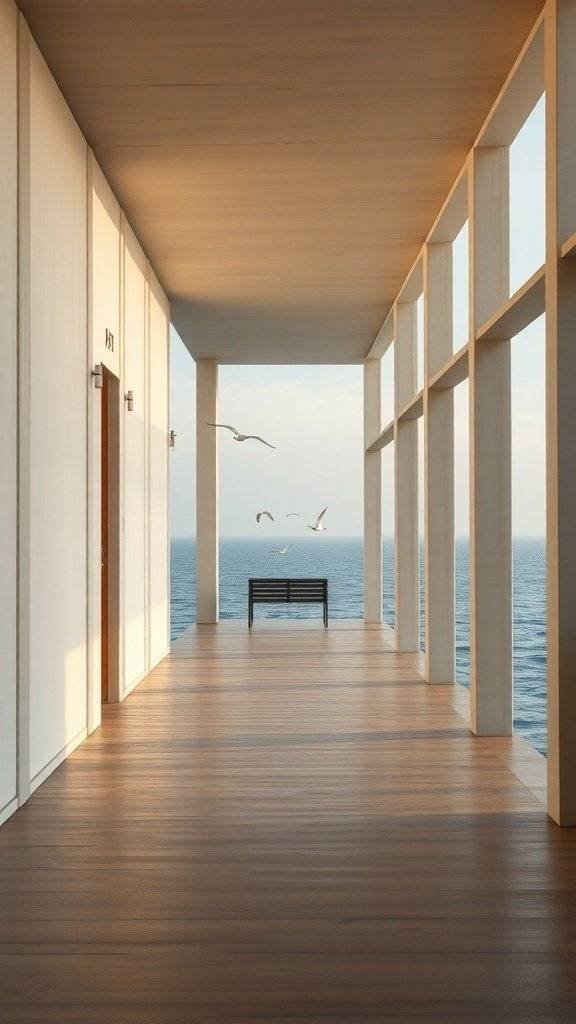 Three figures in robes sitting quietly by the ocean, framed by a modern architectural structure.