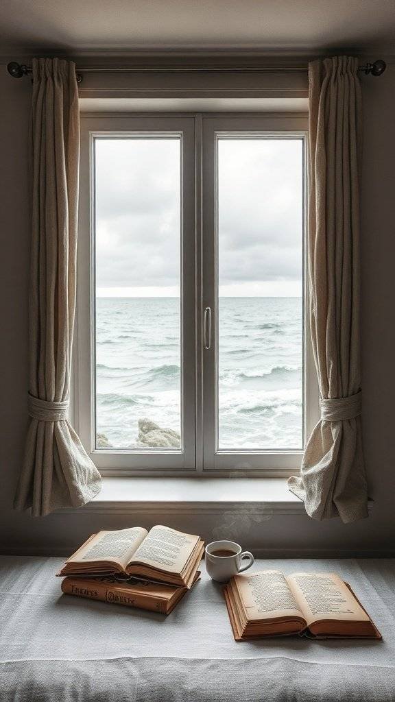 A cozy reading nook by a window overlooking the ocean, with open books and a cup of coffee.