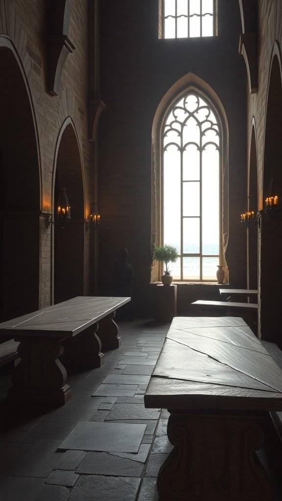 Interior of a dining hall with long wooden tables and large arched windows overlooking the ocean.