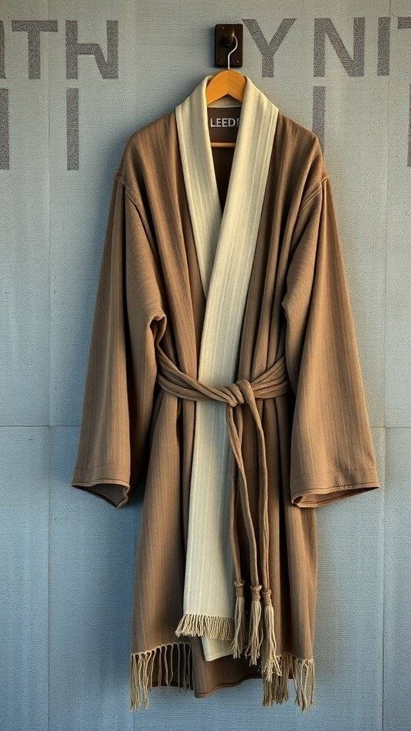 A weathered cloak with earthy tones and cream accents, hanging against a textured background.