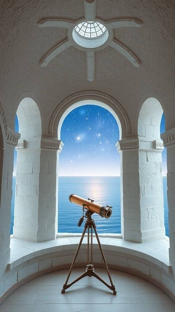 A telescope in a stone observatory overlooking the ocean and starry sky.