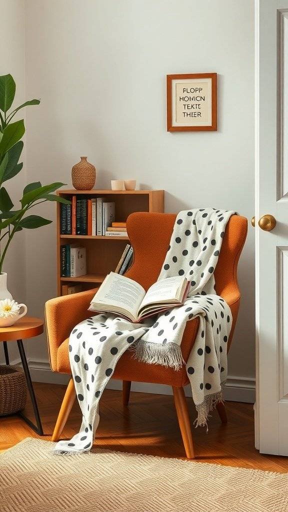 A cozy orange chair with a polka dot throw, a book, and a plant nearby, showcasing a stylish home decor idea.