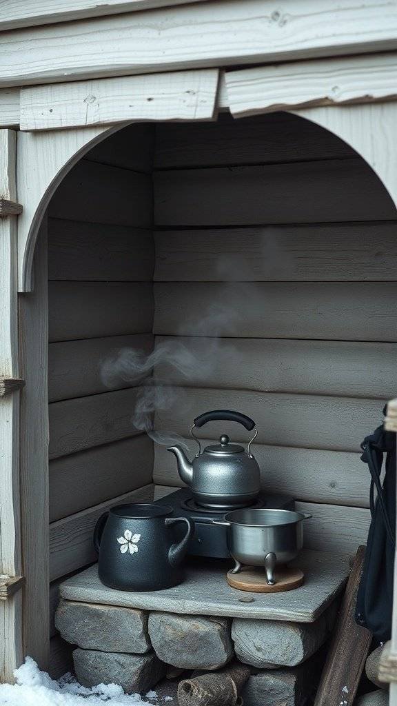 A cozy nook with a silver kettle, a black pot with a flower design, and a small metal bowl, surrounded by wooden walls and a stone base.