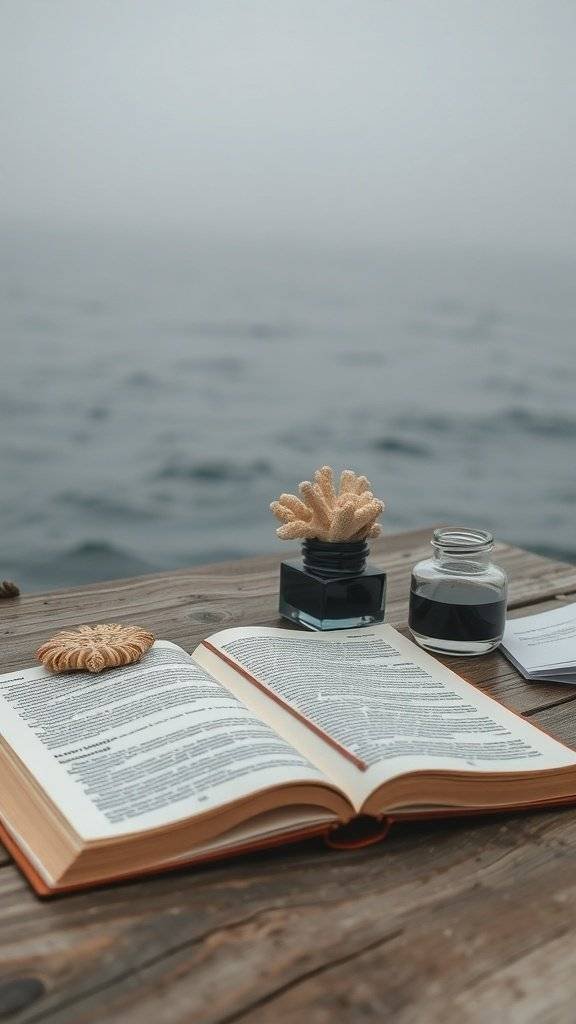 An open book on a wooden table by the water, with coral and an ink jar nearby.