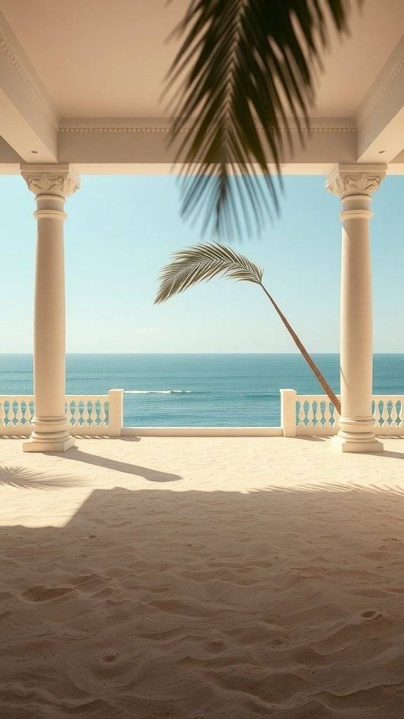A serene view of the ocean from a sandy terrace framed by elegant columns and a palm tree.