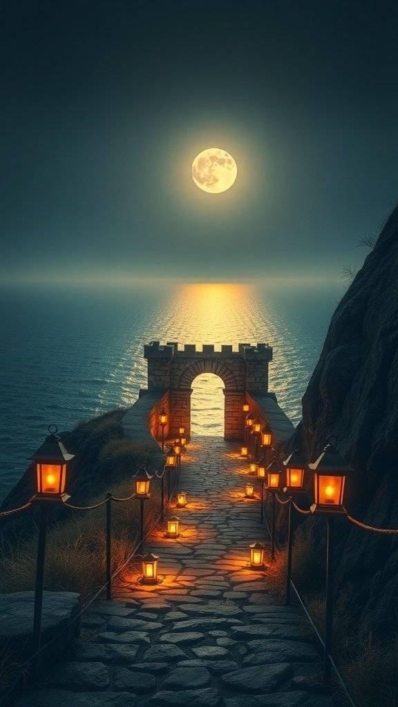 A serene view of the ocean from a sandy terrace framed by elegant columns and a palm tree.