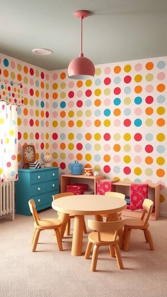 A colorful room with polka dot wall decals, featuring a round wooden table and chairs, and a blue dresser.