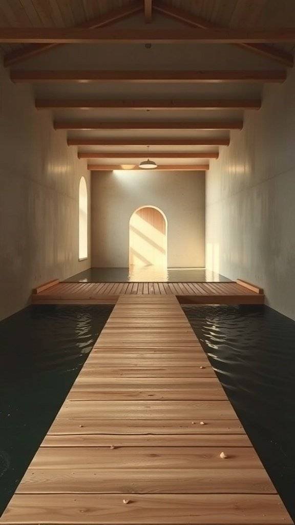 A serene interior space with a wooden walkway over calm water, featuring arched doorways and natural light.