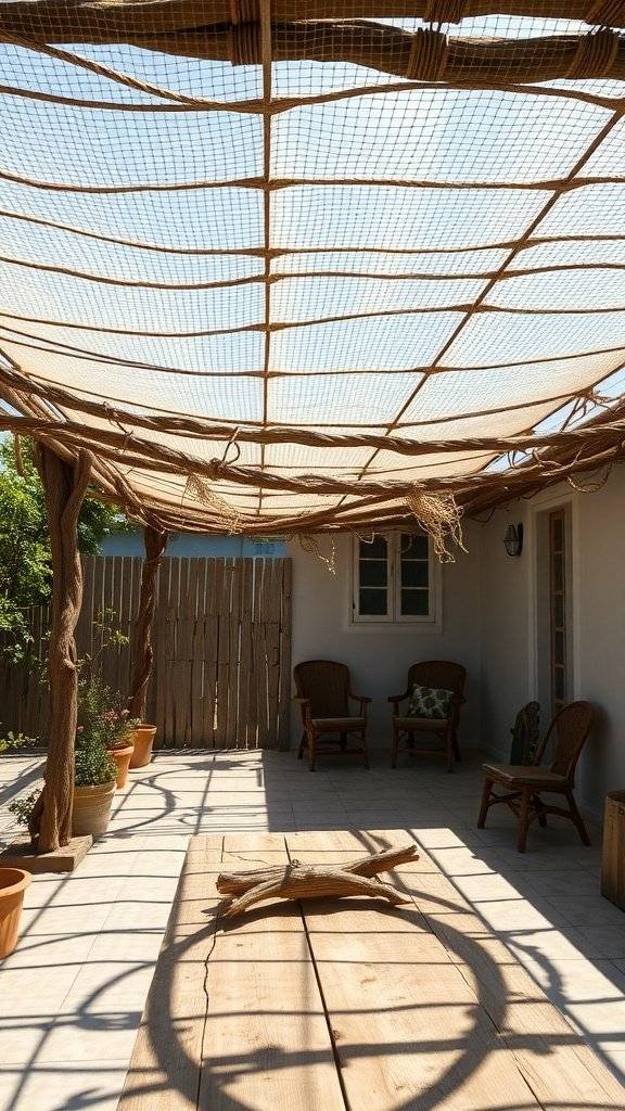 A canopy made of rope and driftwood, creating a serene outdoor space with sunlight filtering through.