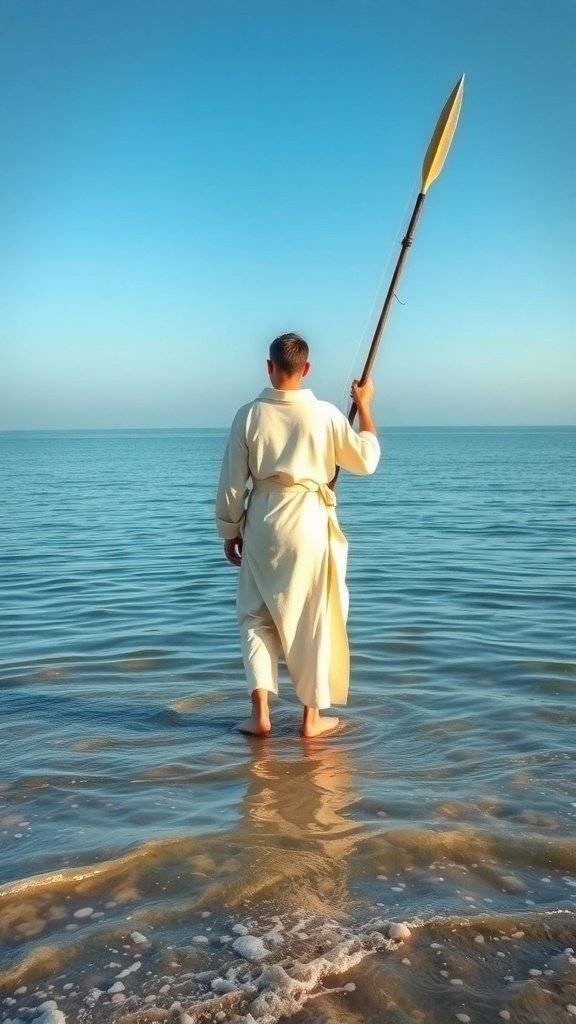 A figure in a robe standing in shallow water, holding a spear, with a clear blue sky and calm sea in the background.
