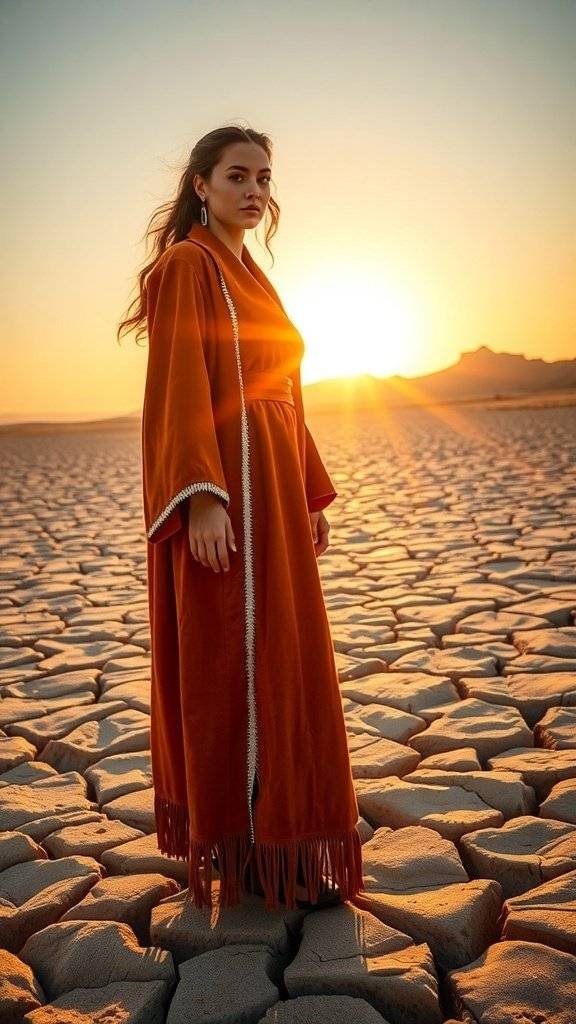 A woman in a fringed outfit stands on cracked earth at sunset, showcasing a blend of Boho style and desert vibes.