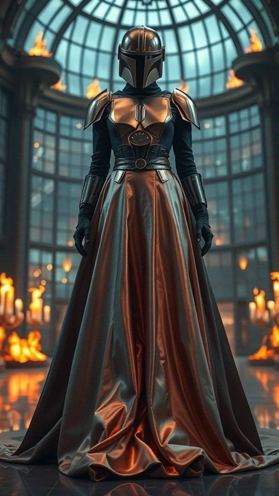 A model wearing a Beskar-inspired gown with metallic accents and a flowing skirt, set in an elegant environment.