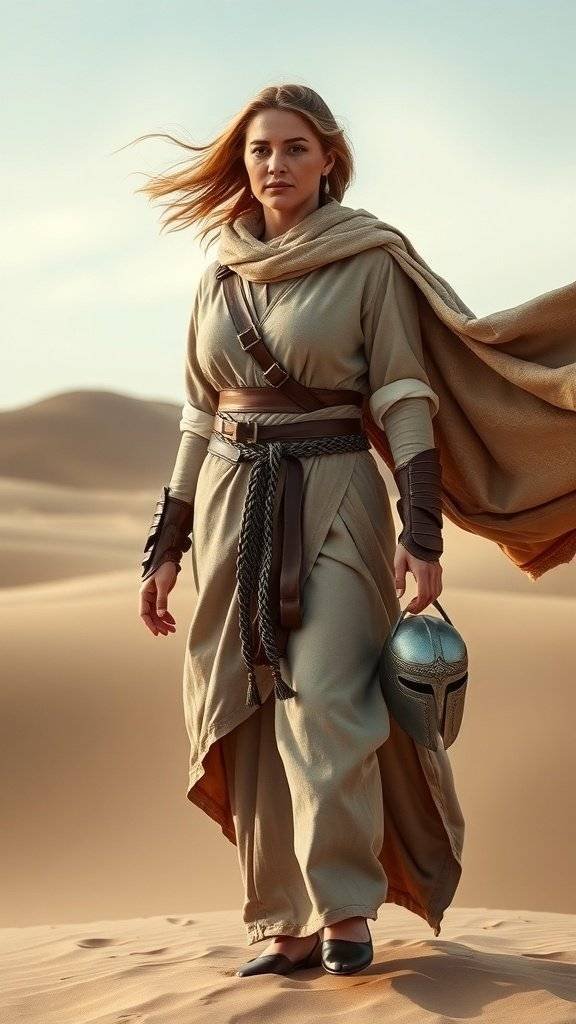 A woman in a boho-inspired outfit stands in a desert, holding a Mandalorian helmet.