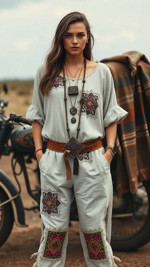 A person in a bohemian outfit with intricate embroidery, layered necklaces, and a wide belt, standing next to a vintage motorcycle in an open landscape.