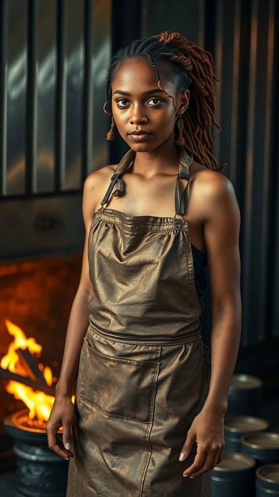 A woman in a bronze apron stands confidently in front of a forge, exuding strength and creativity.