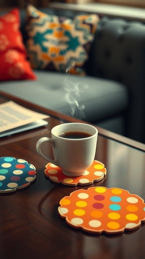 A steaming cup of coffee on colorful polka dot coasters, with vibrant cushions in the background.