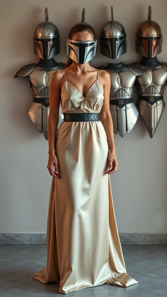 A figure in a satin gown wearing a Mandalorian helmet, with Mandalorian armor in the background.