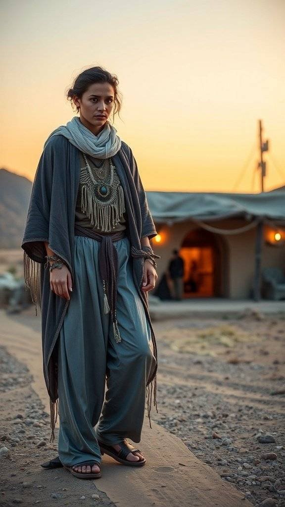 A person in boho attire standing against a sunset backdrop, showcasing a blend of relaxed and stylish elements.