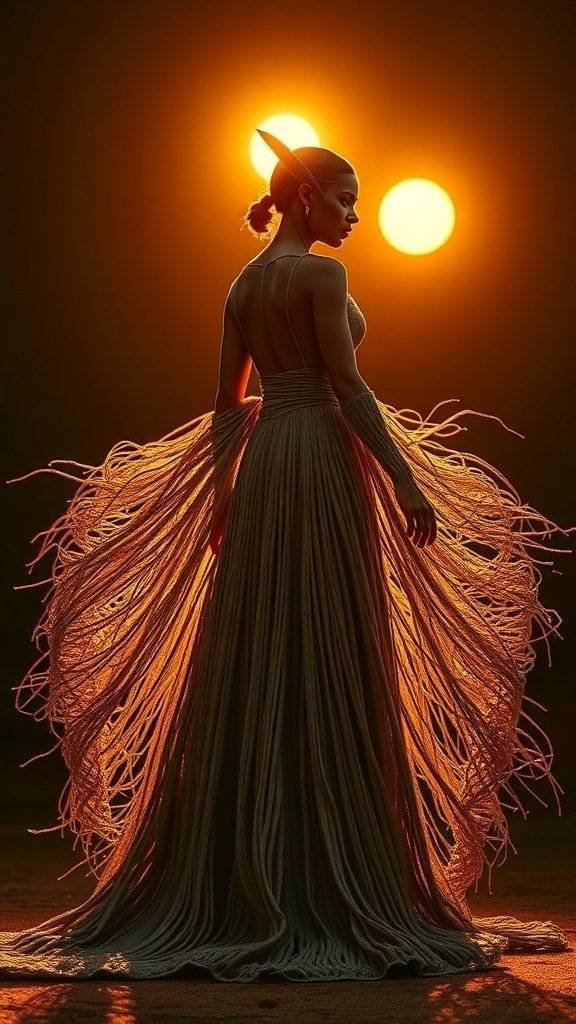 A figure wearing a metallic helmet and armor with a flowing fringe skirt, standing against a sunset backdrop.