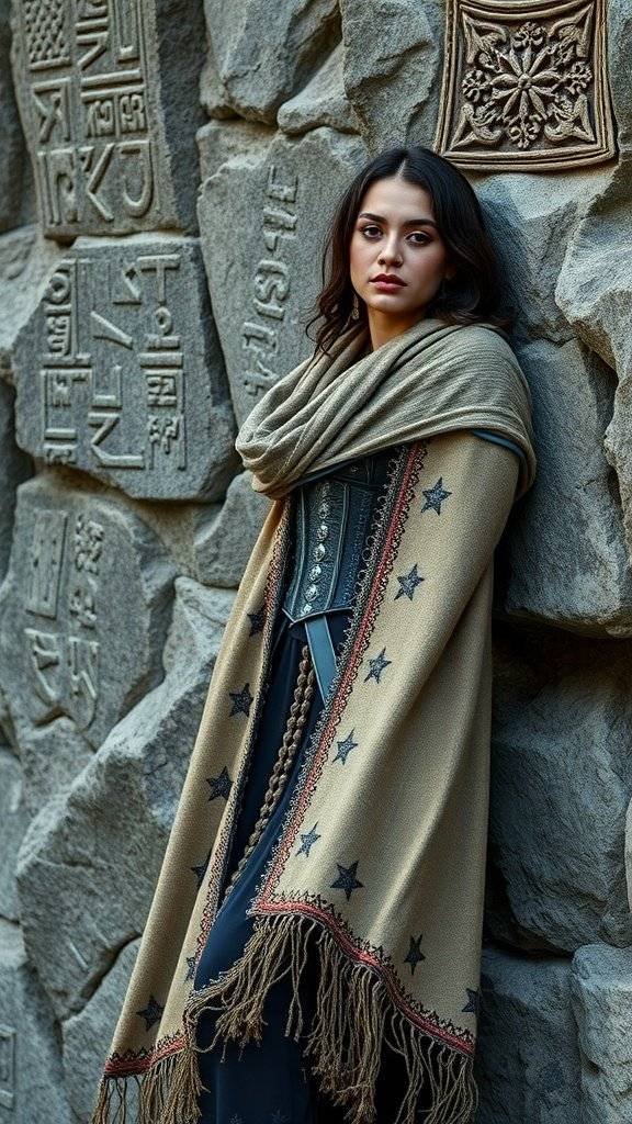 A woman wearing a stylish shawl with fringe and star patterns, standing against a textured stone wall.