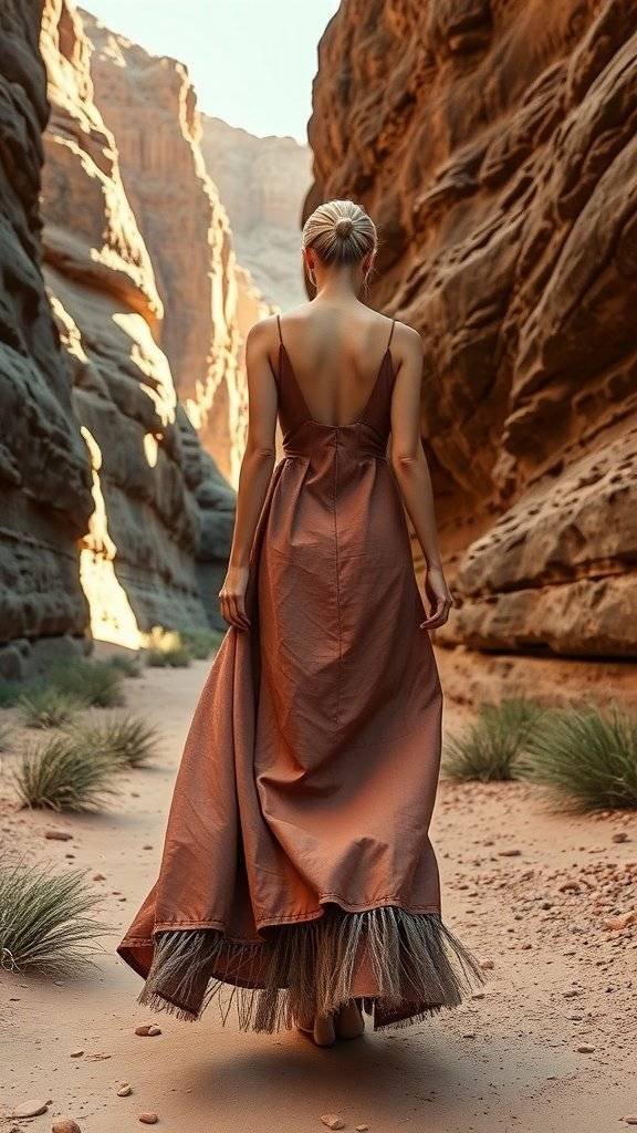 A woman in a flowing dress with fringe stands in a canyon, showcasing a blend of Boho style and natural beauty.