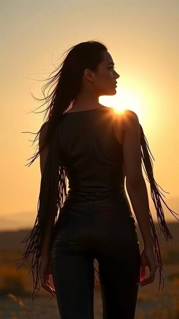 Silhouette of a woman with fringe clothing against a sunset