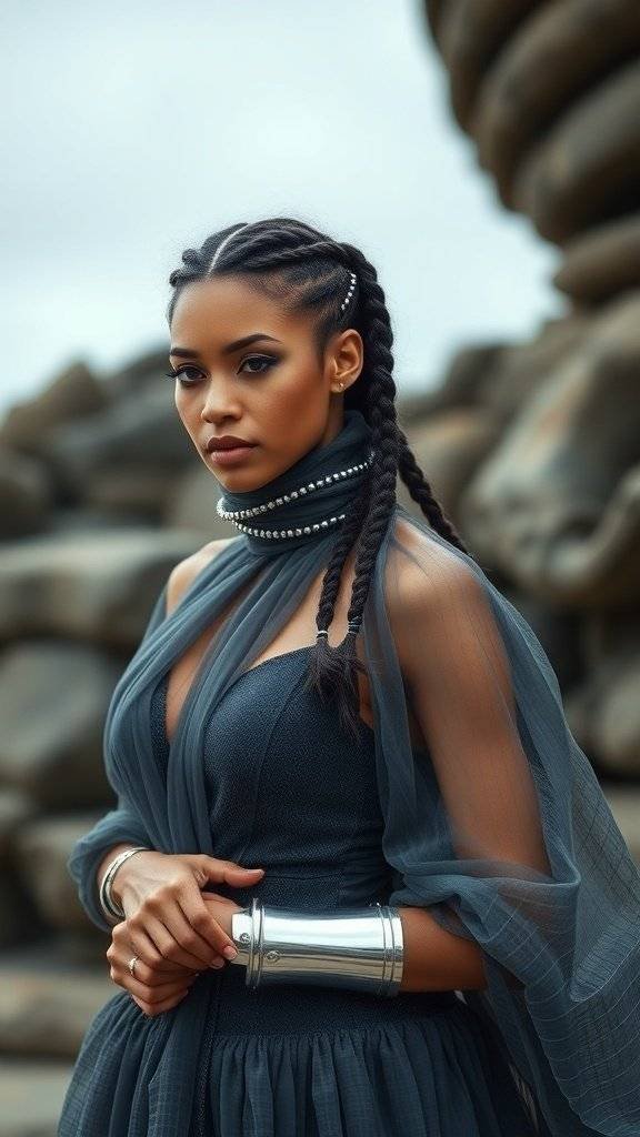 A woman in a dark dress with sheer layers and metallic accents, showcasing a blend of styles.