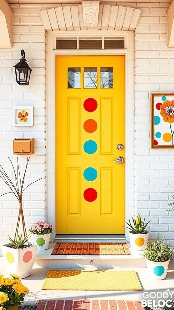 A bright entryway featuring polka dot rugs, plants, and colorful wall art.