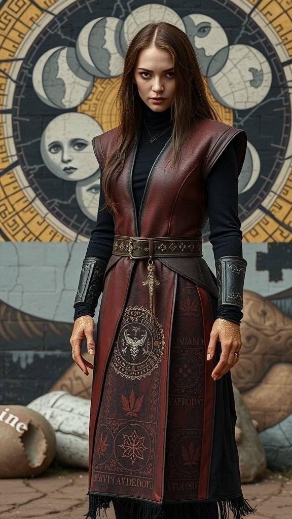 A figure in a unique outfit blending Mandalorian armor and boho style, standing against a celestial backdrop.