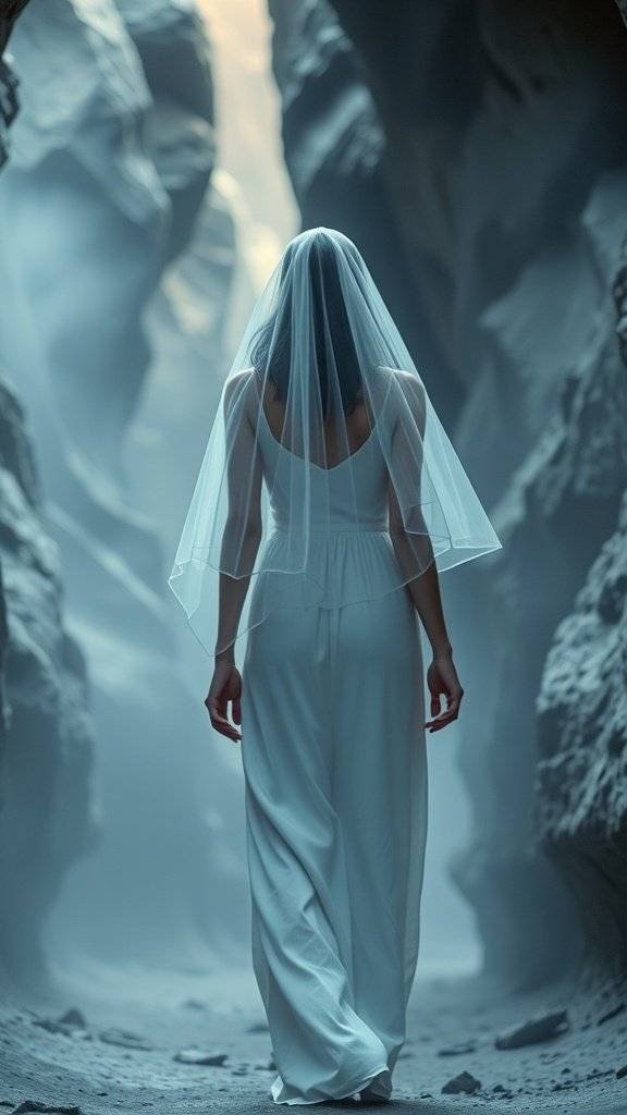 A figure in a white outfit with a veil standing in a canyon, creating a mystical atmosphere.