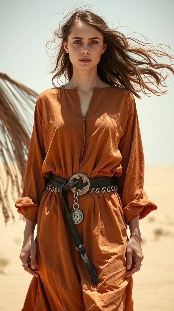 A model in a rust-colored outfit with a metallic belt, standing in a desert landscape.